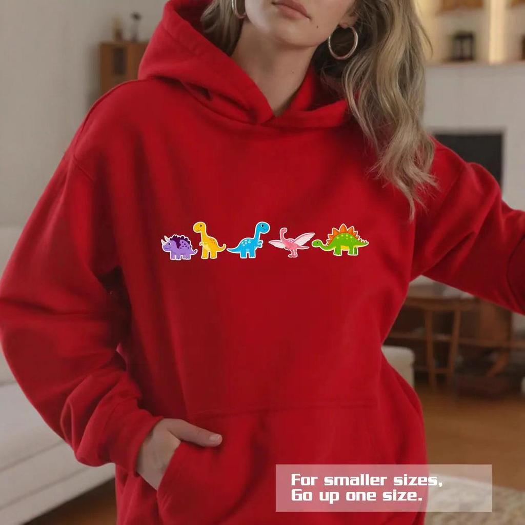 Dinosaur Print Loose Fit Hooded Sweatshirt with Ribbed Hem
