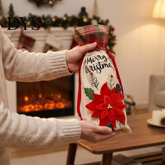 Christmas Party Table Decorations Wine Gift Bag, Reusable Burlap Bottle Cover with Drawstring, Plaid Bags Xmas Tree Gnome Truck Print Sleeves