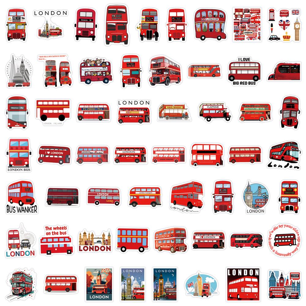 

55 Waterproof Cartoon London Bus Stickers for Planner, Water Bottle, or Computer Decoration