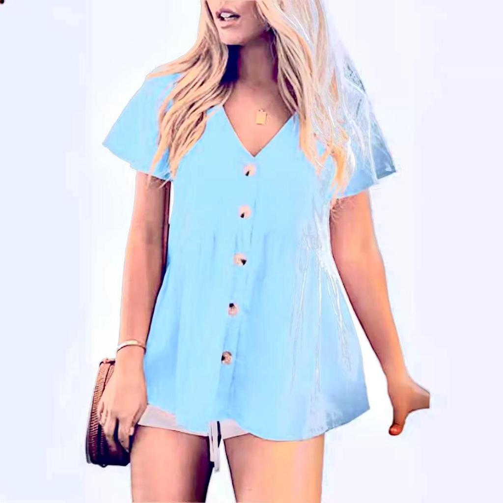 European Summer Women's V-neck Cotton Linen Shirt Dress - Short Sleeve, Pleated, Solid Color Beach Cover-up