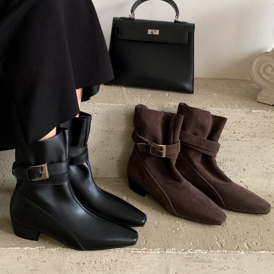 Old Money Wind~ Leather French Square Head Belt Buckle Short Boots Women's Thick Heel Martin Boots British Retro Versatile Skinny Boots