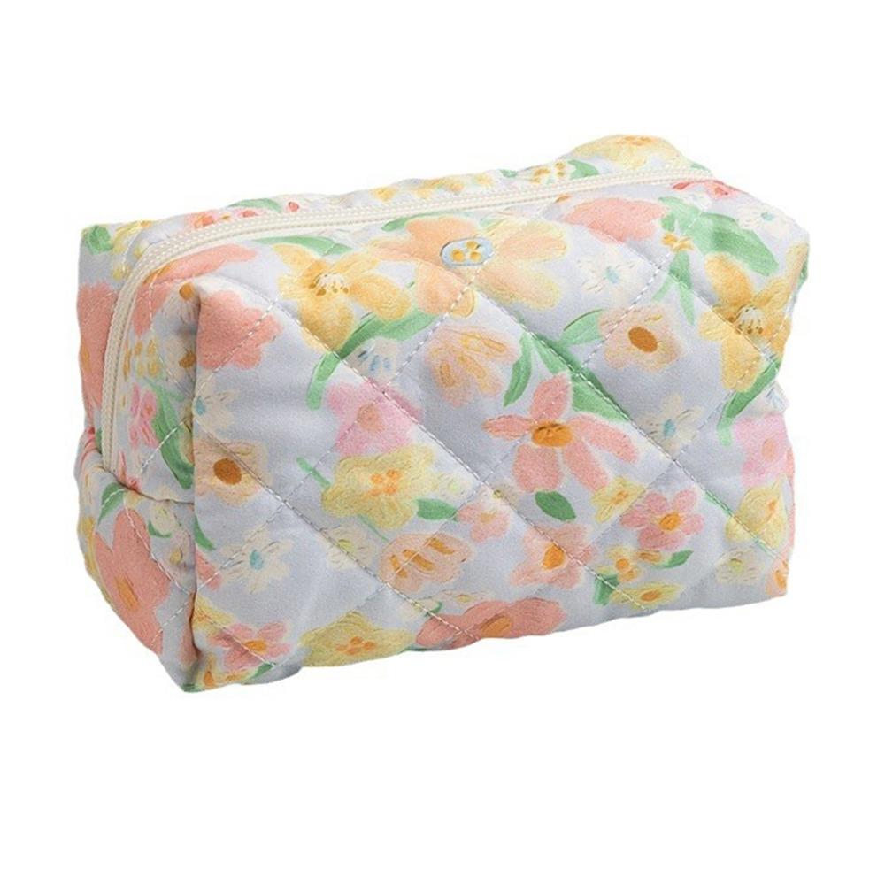 Portable Quilted Cotton Cosmetic Bag Flower Printed Large Capacity Makeup Bag Travel Organizer Washbag