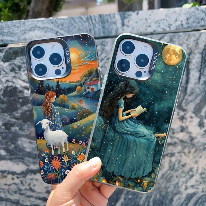 Forest Night Starry Sky Tree Moon Phone Case For Iphone 13 Mini 12 11 Pro Max 16 15 14 Pro Max Plus Shockproof Laser Back Covers
