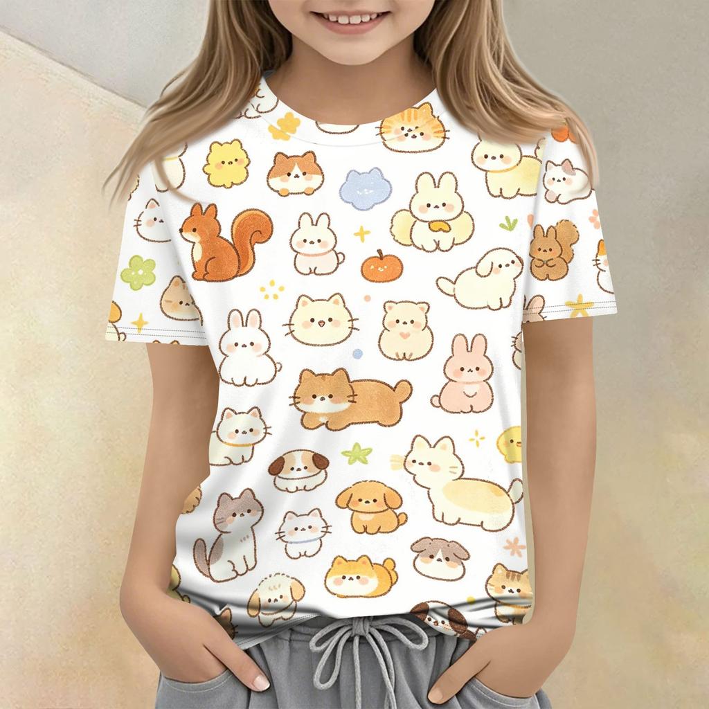 Kids Animal Print Crew Neck Short Sleeve Casual Loose Fit T Shirt Top Soft Comfortable Fabric Suitable for Everyday Wear