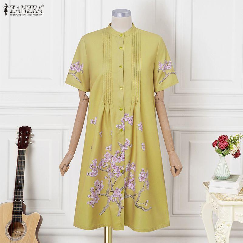 ZANZEA Women Casual Round Neck Half Sleeve Loose Floral Print Dress