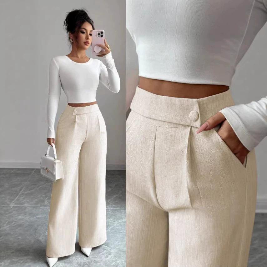 2026 European Women's Spring/Summer Drape Long Pants with Waist Patchwork and Button Details
