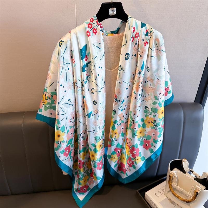 Pastoral floral simulation silk high-end 111cm large square scarf silk scarf printed shawl sunscreen scarf headscarf scarf