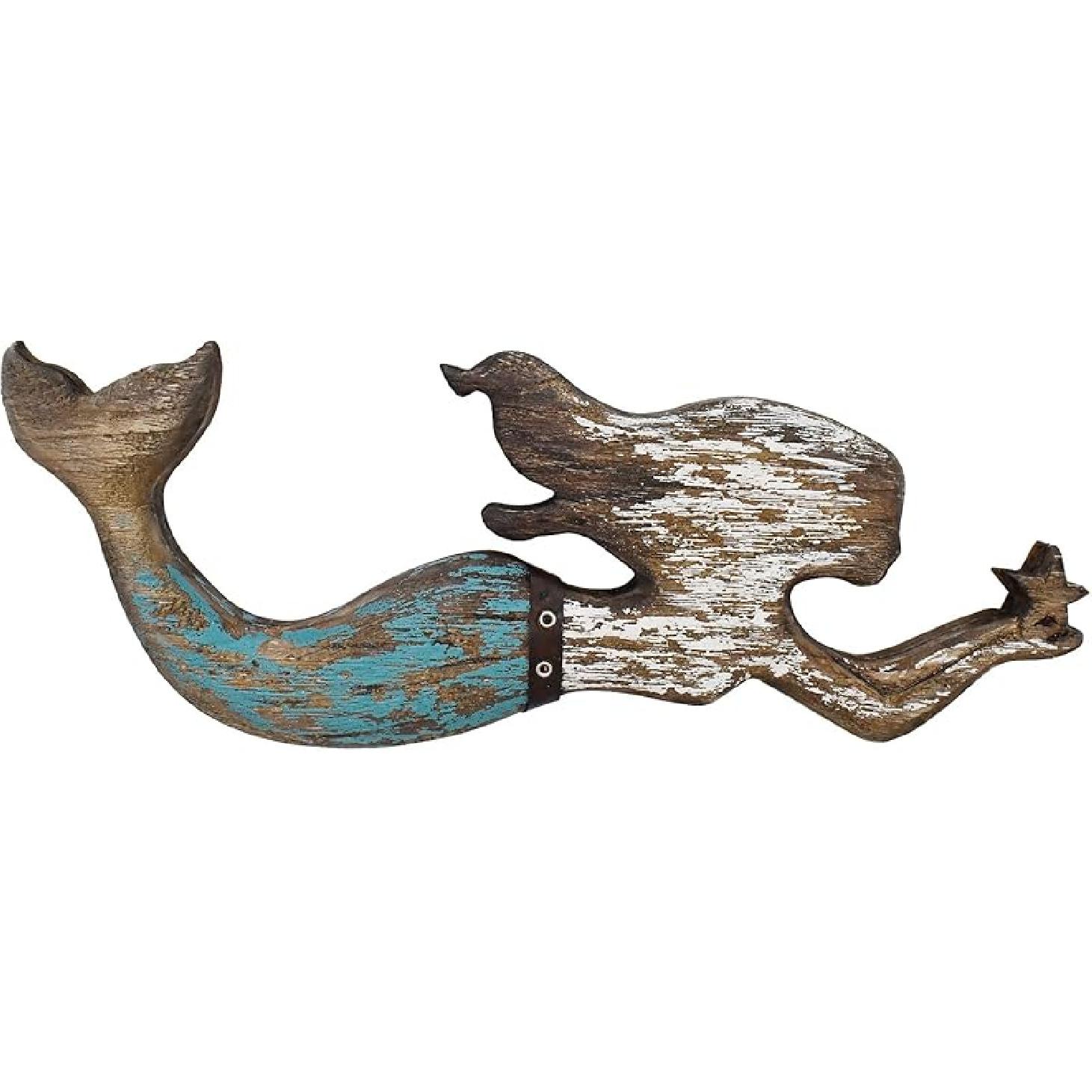 Rustic Wood Mermaid Decor Hanging Nautical Wall Decor, Wooden Mermaid Plaque Wall Sculpture Bathroom Beach Themed Decorations Coastal Mediterranean Teal 17X6.5 Inch