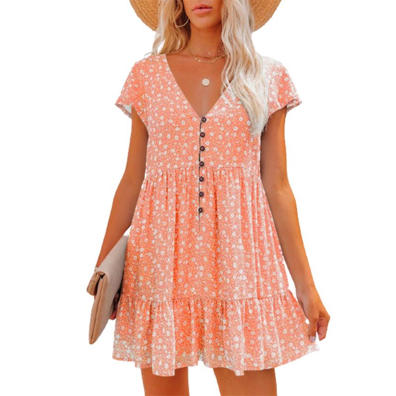 2026 Spring/Summer V-neck Buttoned Floral Short-sleeve Loose Casual Dress for Women