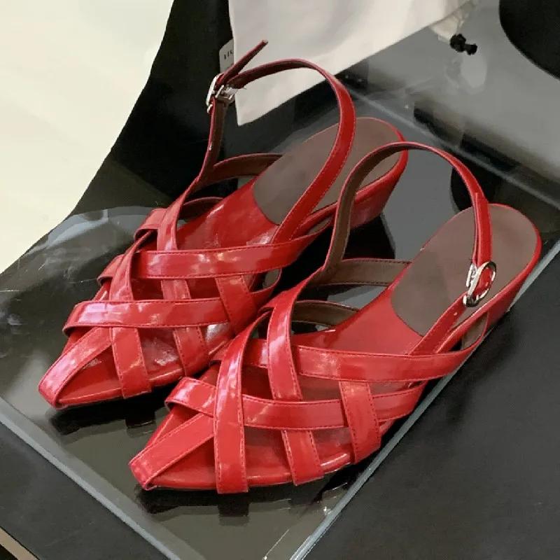 Fashion Comfortable Woven Hollow Wedge Sandals Women Elegant Pointed Toe Narrow Band Brand Designer Shoes Fashion Sandalias De Mujer