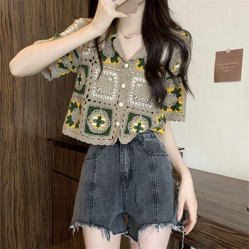 

Stylish Hollow Out Knitted Blouse Chic Folk Floral Turn-down Collar Female Clothing Summer Prairie Chic Single-breasted Shirt S хаки