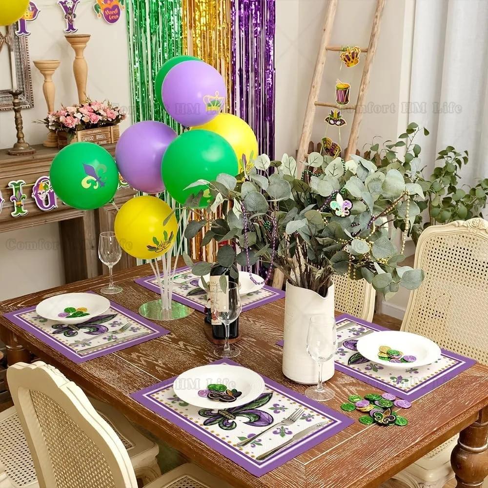 4PCMardi Gras Carnival Placemats Fleur De Lis Purple Seasonal Farmhouse Burlap Indoor Kitchen Dining Table Decor
