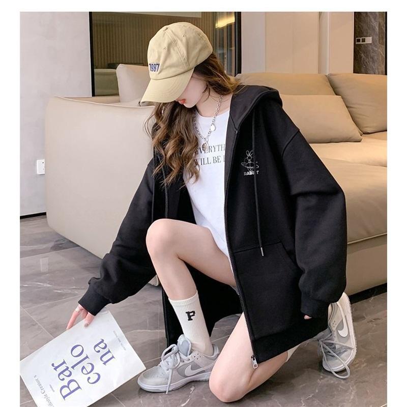 Women's Fleece Lined Zip Up Hoodie Cartoon Embroidery Casual Oversized Jacket