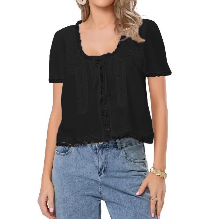 White V-Neck Short Sleeve Top with Lace Trim and Bow Detail S чёрный