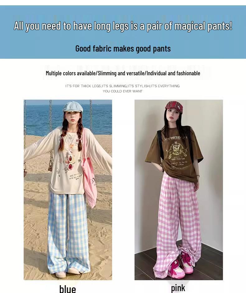 Women's Blue Plaid High-Waisted Loose-Fit Yamamoto Pants - Petite, Casual Wide-Leg, Spring/Autumn 2025 Collection.