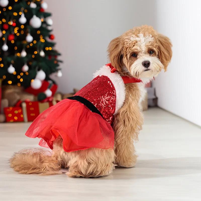 Bow & Belt Design Christmas Sequin Tutu Dog Dress, Red Velvet Halter Skirt, Holiday Pet Outfit for Small/Medium Dogs,