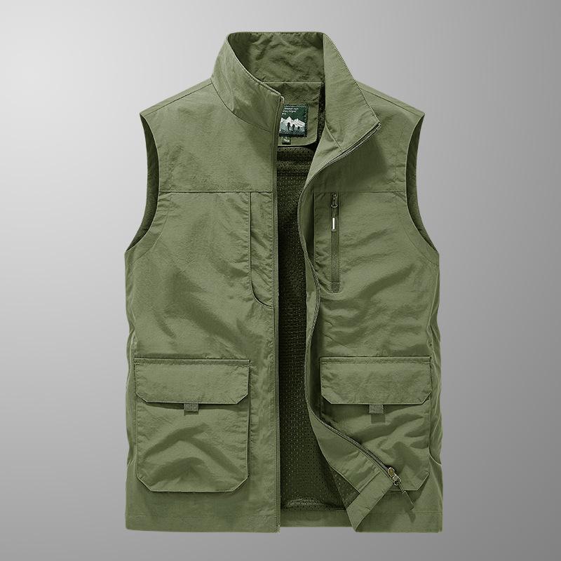Four Seasons Middle-aged and Elderly Men's Vest Thin Sleeveless Stand-Up Collar Multi-Pocket Quick-Drying Vest Large Size Vest