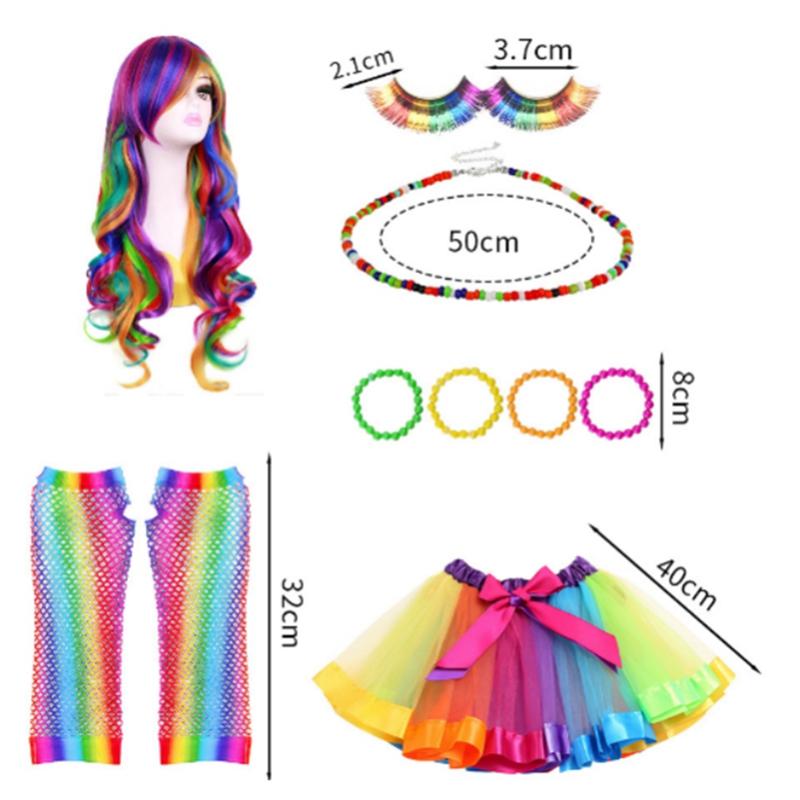 Rainbow Wig Long Curly Tulle Skirt Gloves Dress Set For Cosplay Costumes  Dance Costume Props Accessories
