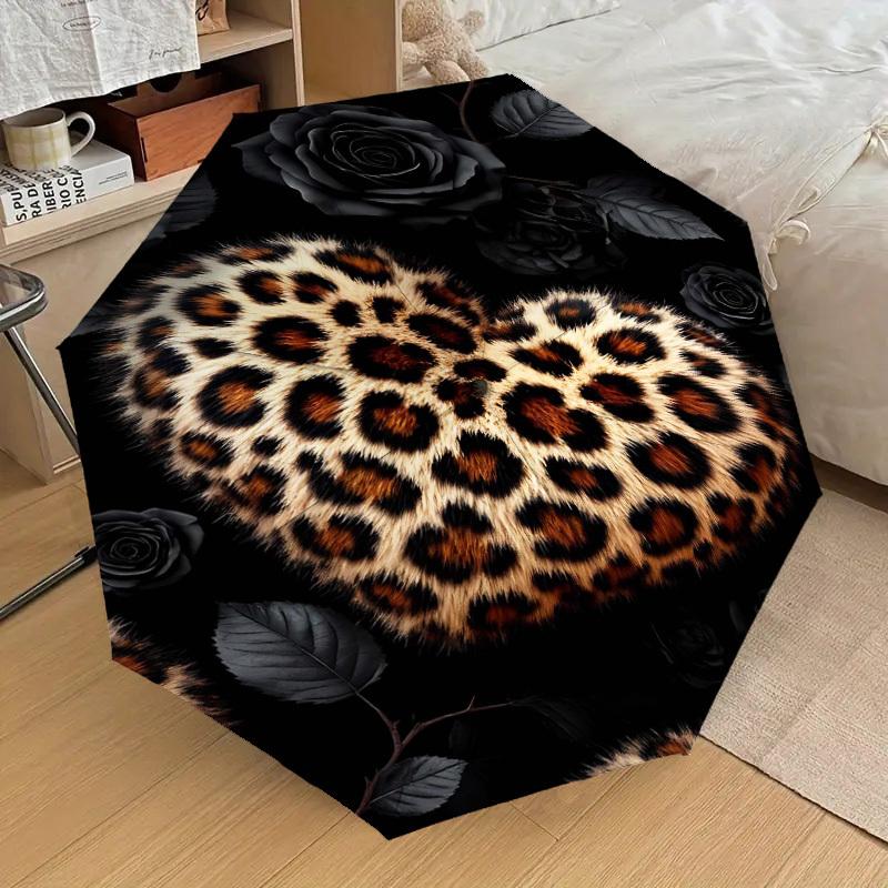 1pc Leopard Print Heart Automatic Open/Close Umbrella Compact Folding Umbrella with 8-Rib Shaft for Women/Men, Elegant Birthday1138S