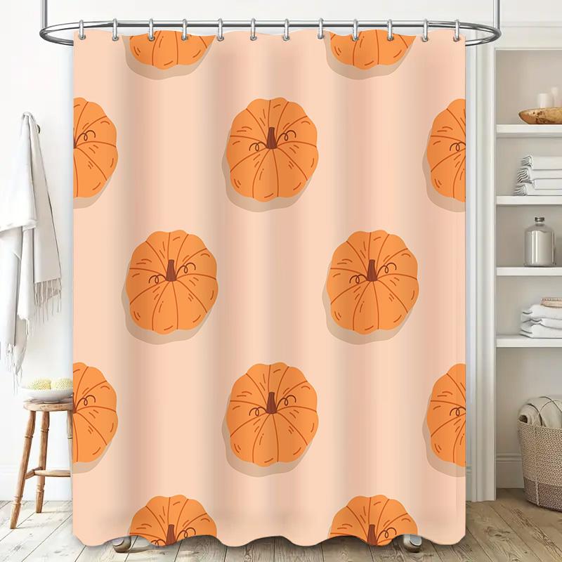 Pumpkin Print Shower Curtain Bath Room Decor Wall Hanging Home Decoration Peach Color with Orange Pumpkins Pattern for Fall Seas