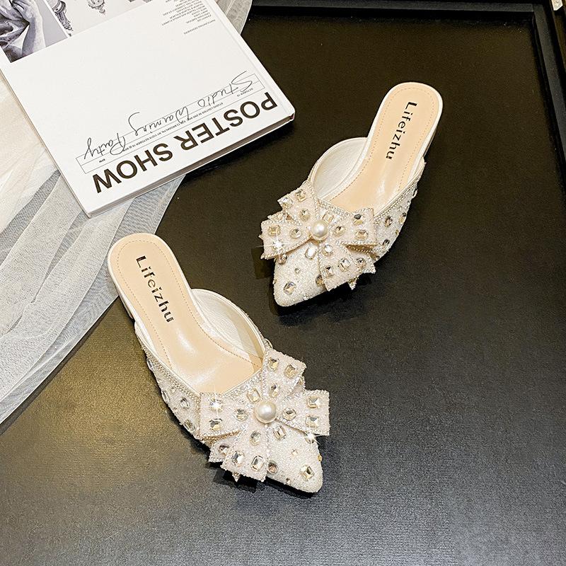 2024 Summer New Shoes for Women New Slipper Girl Superb Crystal Pearl Outdoor Casual Sandals Girl Heels Mules Shoes