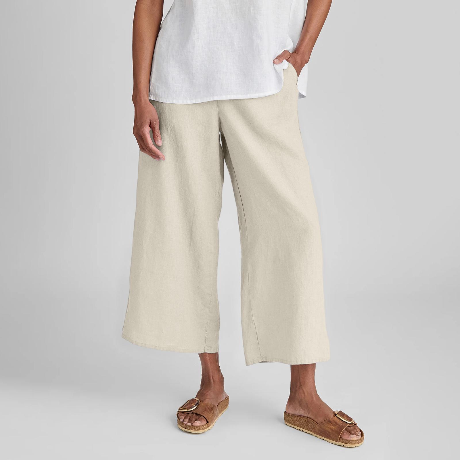 

Women s Fashionable Color Pocket Elastic Waist Versatile Cotton And Linen Loose Casual Pants XL бежевый