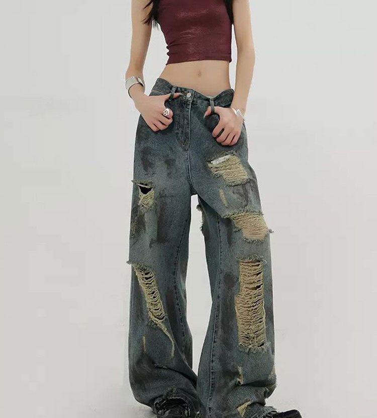 

Удобные Отходы Земля Ветер Ретро Рваные Джинсы Женский Дизайн Высокая Посадка Узкие Широкие Брюки Джинсы для Женщин Длинные Джинсовые Брюки 4XL