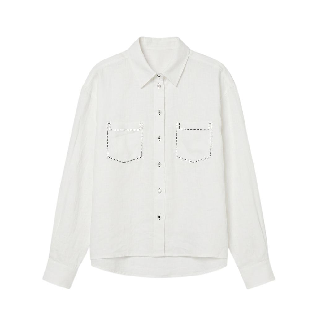 [Customized] 16 early autumn new high-end old money linen shirt women's long sleeves loose and thin contrasting bright line pockets