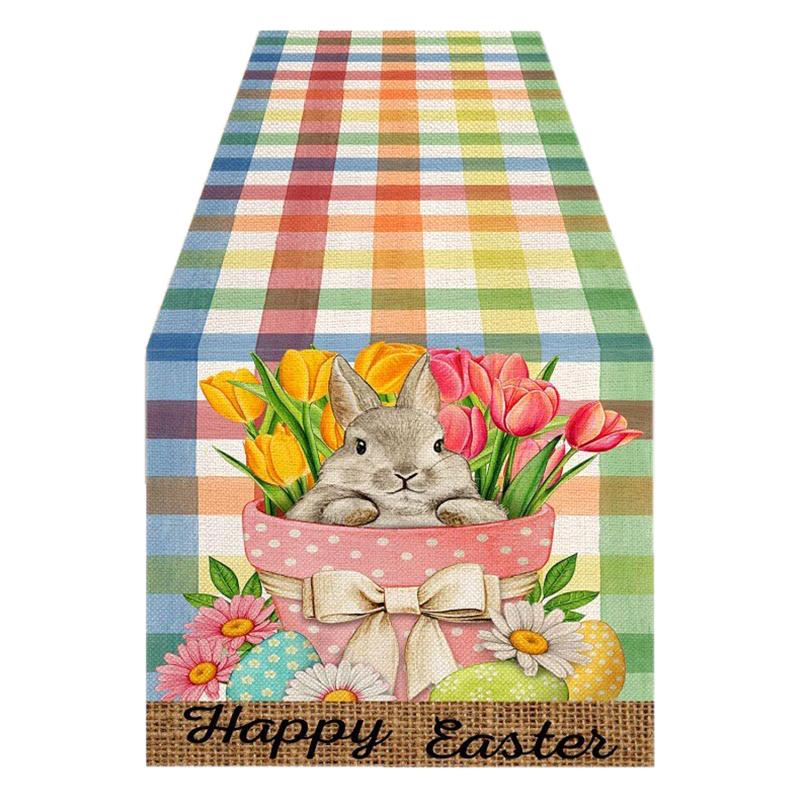 1PC Bunny Rabbit Flowers 13x72" Kitchen Dining Cute Table Runner 2025 Home Party Decor Linen Easter