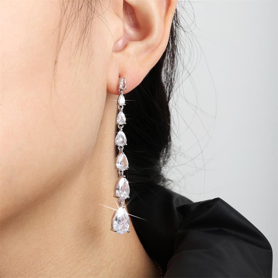 ZAKOL Gorgeous Water Drop Zirconia Long Dangle Earrings Women Sliver Color Shiny Zircon Crystal Bridal Earring Party Zircon