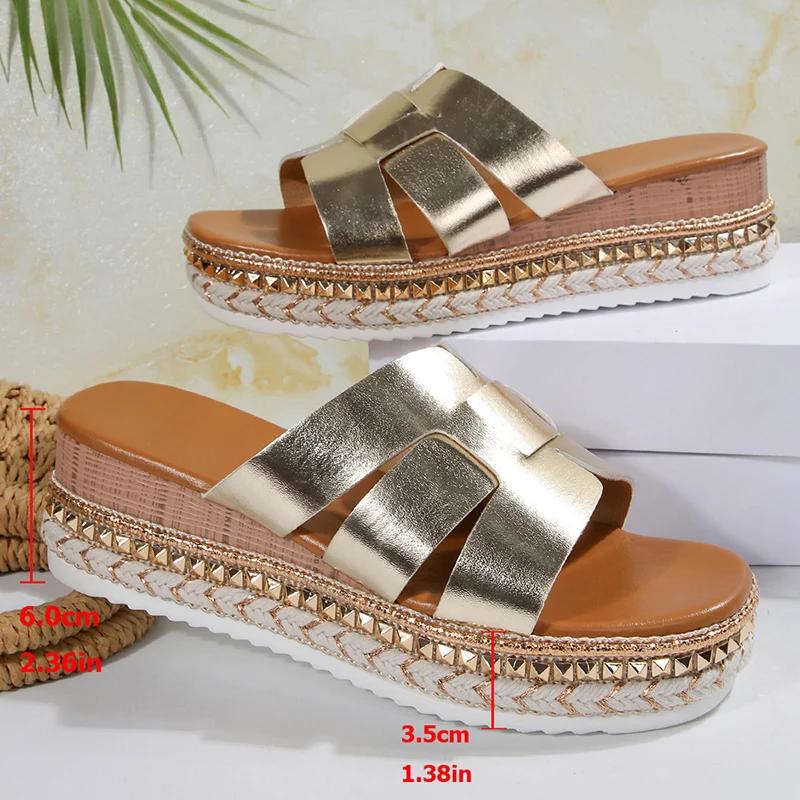 Gold Strap Slip On Sandals Women Summer 2025 Chunky Platform Wedge Heels Shoes Woman Plus Size Rivet Sole Outdoor Slippers Woman