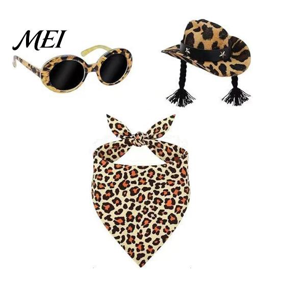 Elastisk Rem Dekorativt Gear Veranda Gås Kostume Tilbehørssæt, Leopard Ko Print Bandana Hat Solbriller Outfit, Vestlig Sjov Miniature Fotografering
