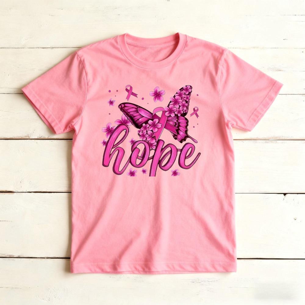 Hope Floral Butterfly Pink Ribbon Graphicunisex Summer Cotton T Shirt Breast Cancer Positive Short Sleeve Casual Top