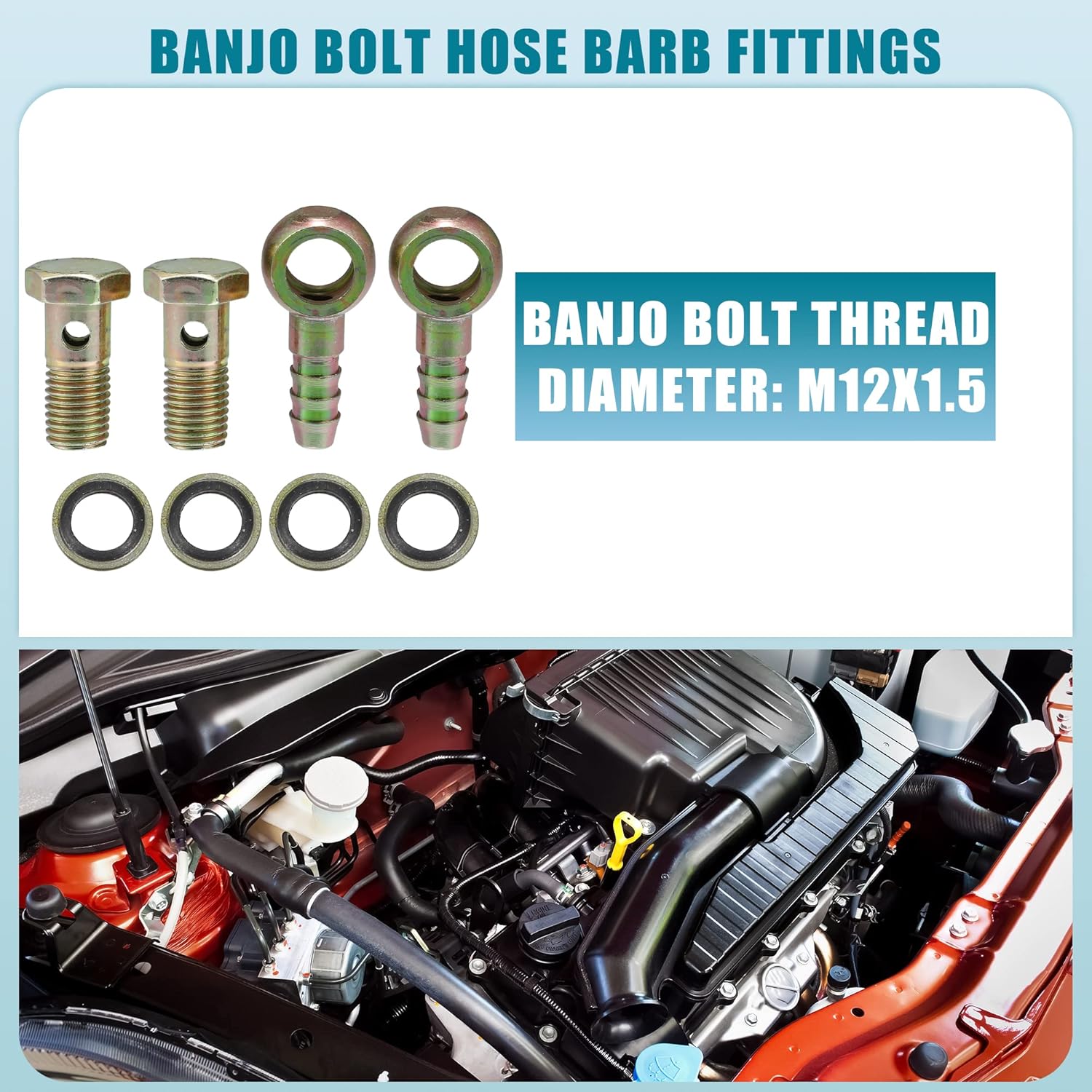 Banjo Bolt M12x1.5 10mm Banjo Bolt Hose Barb Fittings Brake Line Fitting Adapter with Copper Washers for Motorcycle Car (Set of 2)