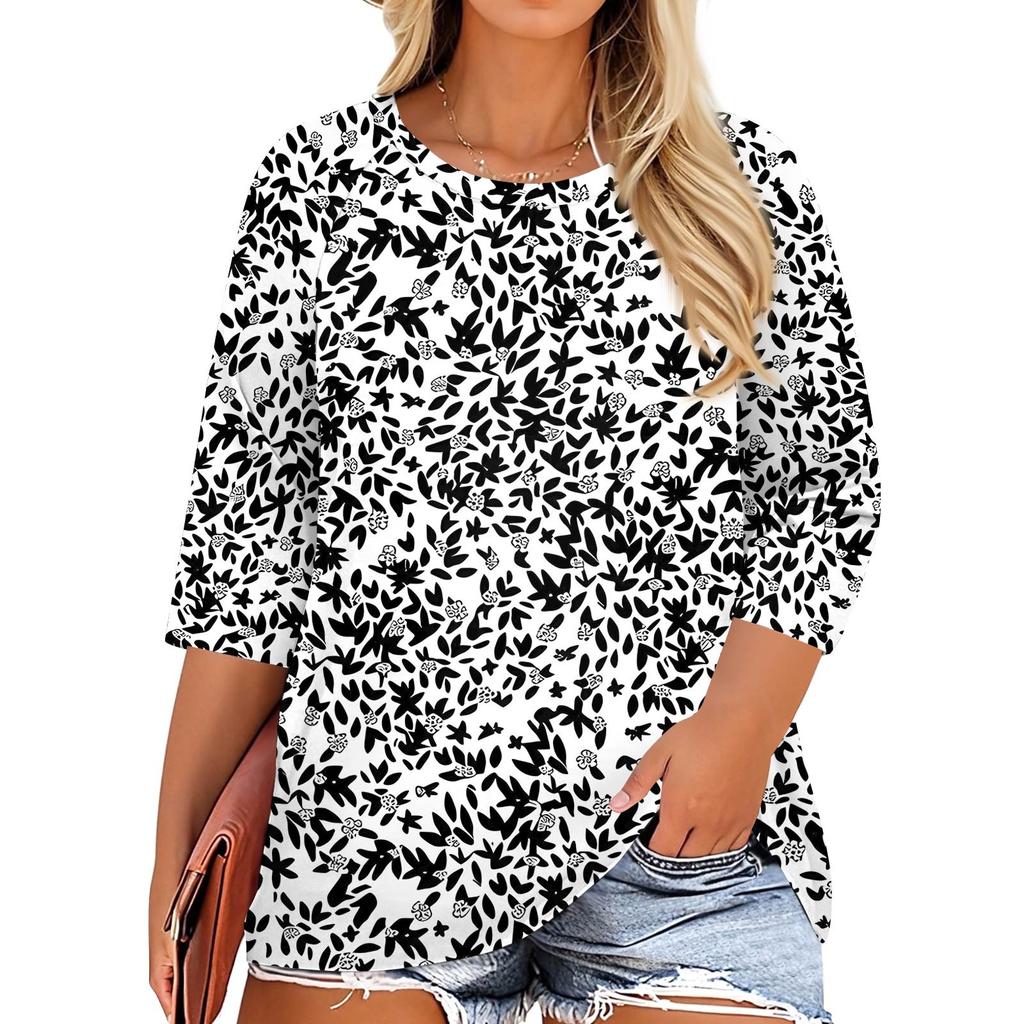 Women's Fashion Casual Print Round Neck 3/4 Sleeve T-Shirt Top