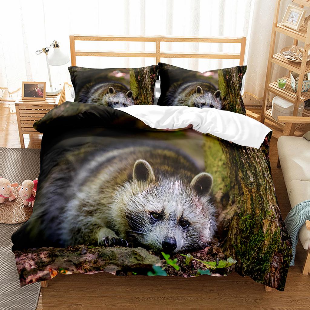 Raccoon Duvet Cover Set Cute Wild Animals Polyester Comforter Cover King Queen Size For Boy Girl Bedding Set With Pillowcase