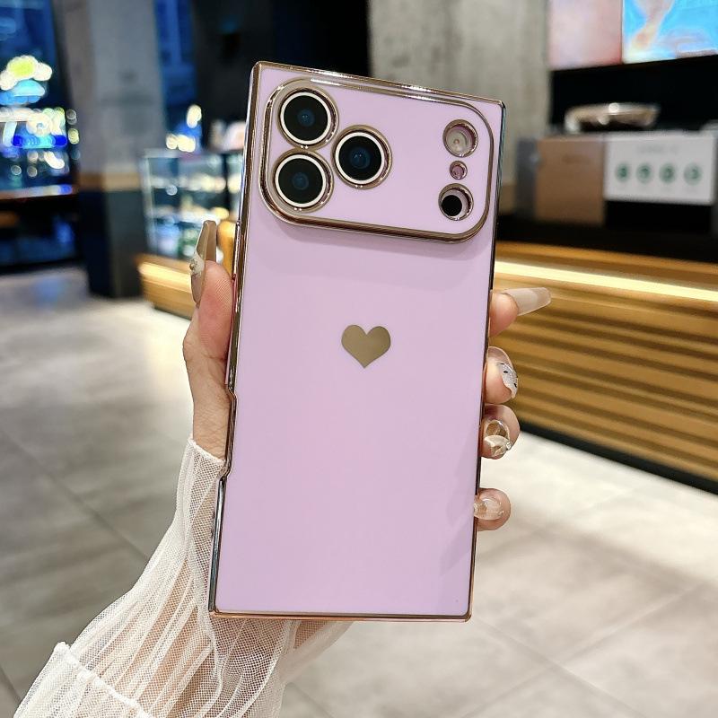 Galvanisiertes Herzdesign Vollständige Abdeckung Weiche Hülle für Apple 17 Pro Max - Quadratisches Pfirsichherz für 16 Pro Max & 15 Pro