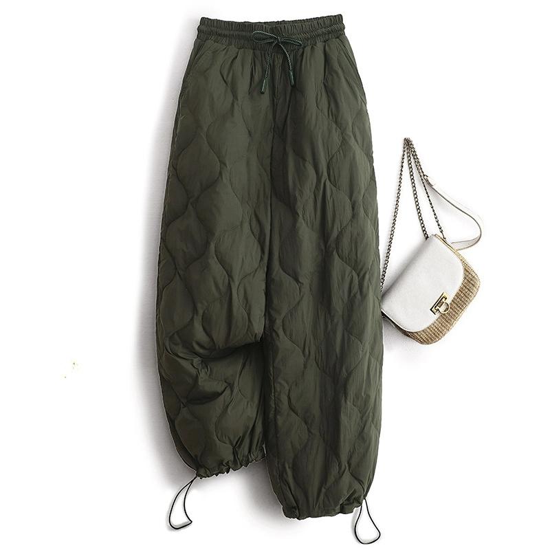 Lace Elastic Waistband Diamond Grid Pressed Cotton Pants for Women's Autumn and Winter New Loose Windproof Warm Wide Leg Pants