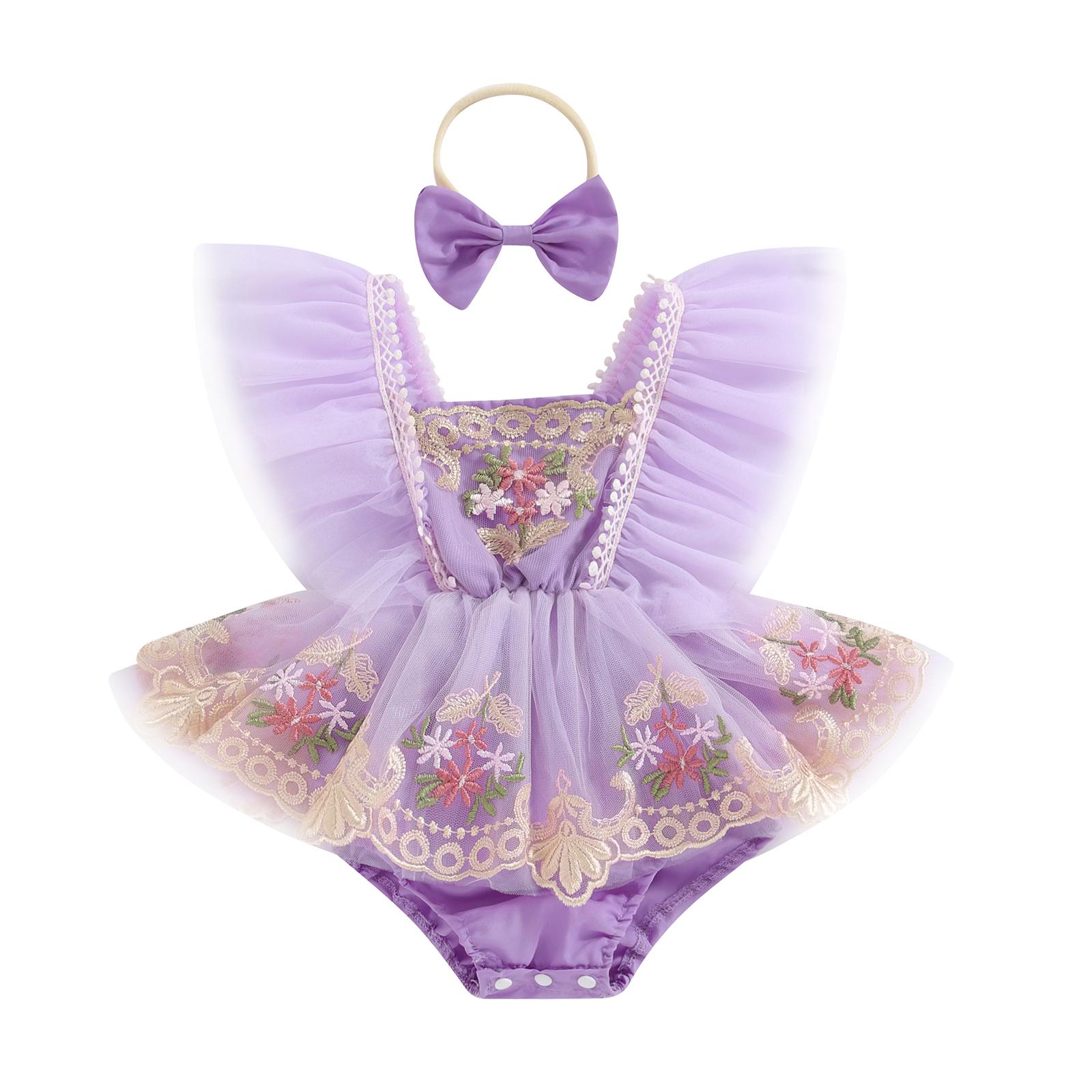 

Наряд для новорожденных девочек 3, 6, 12, 18, 24 месяцев, тюлевой комбинезон с цветочной вышивкой и рукавами-крылышками, платье в стиле пэчворк с бантом, летняя одежда 0-3 Months фиолетовый