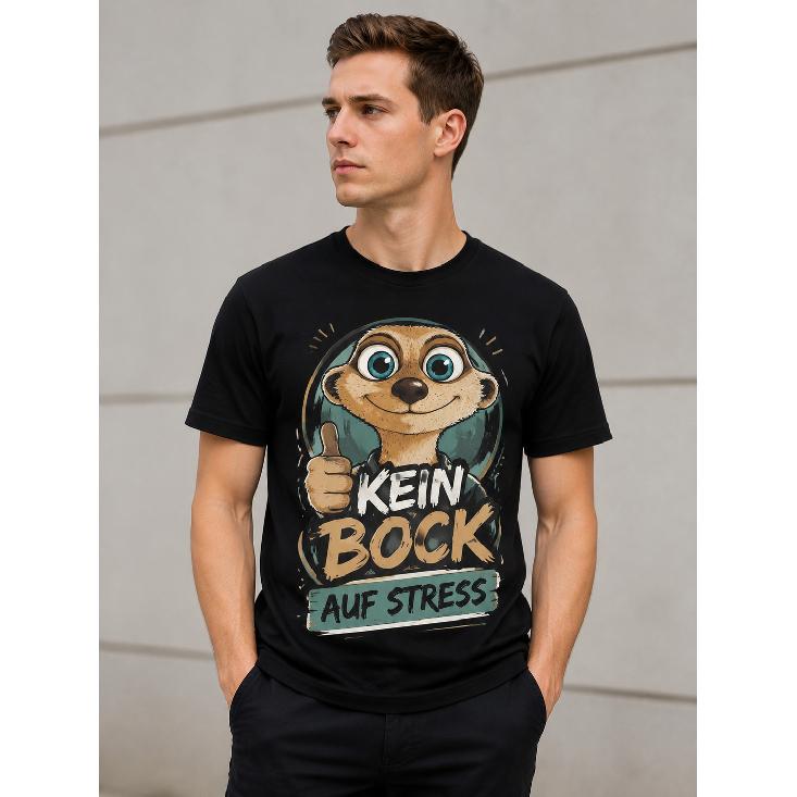 Men s black short-sleeve t-shirt with cartoon meerkat graphic giving thumbs-up and German text Kein Bock auf Stress , crew neck, relaxed fit, soft S чёрный