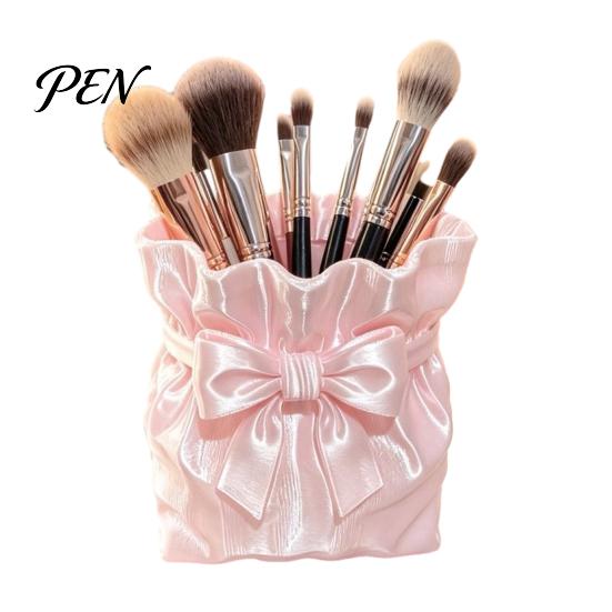 Powder Brush Holder Satin Bow Bag Makeup Holder, 3D Printed Beauty Tool Organizer for Desk, Large Bowknot Pouch Pencil Storage Container Capacity