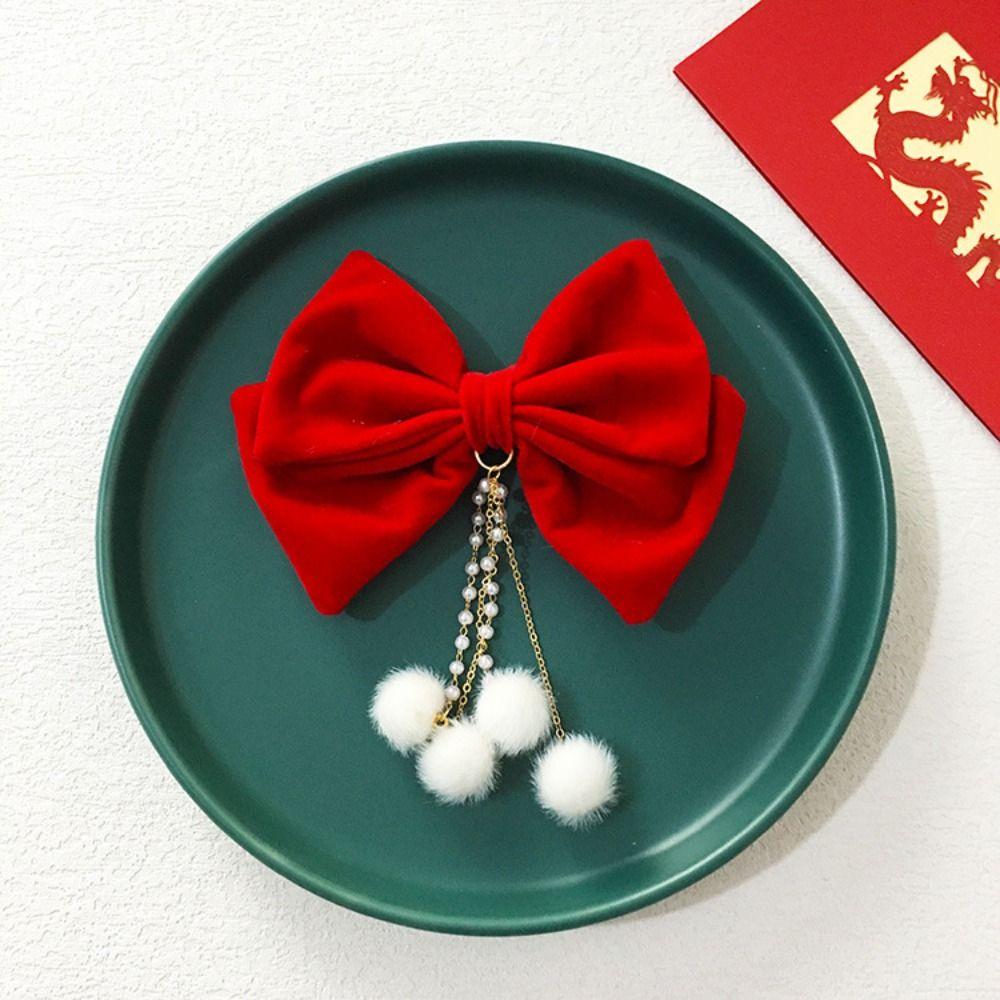 Crown Chinese New Year Headwear Plush Ancient Style Hairpin Lovely Children Red Bow Hairpin  Girls