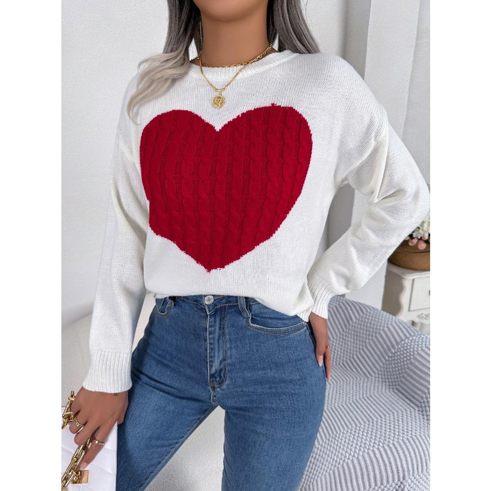 Women's Sweatshirt Autumn/Winter Cable-Knit Heart-Pattern Long-Sleeved Pullover Valentine's Day Ladies' Knitwear