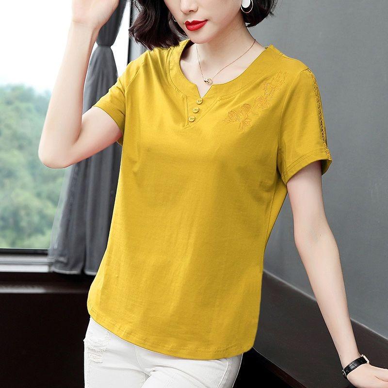 Women's Elegant Red Floral Embroidery Lace Sleeve T Shirt