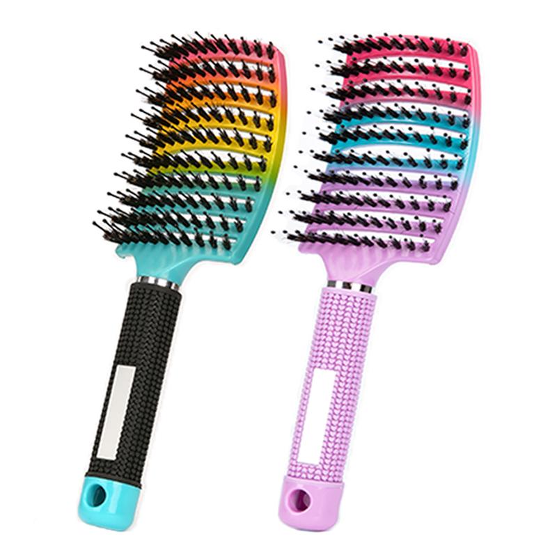2pcs Barber Hairdressing Styling Wet Dry Boar Bristle Hair Brushes Curly Wet Dry Hair Detangling Massage Curved Vent Brush