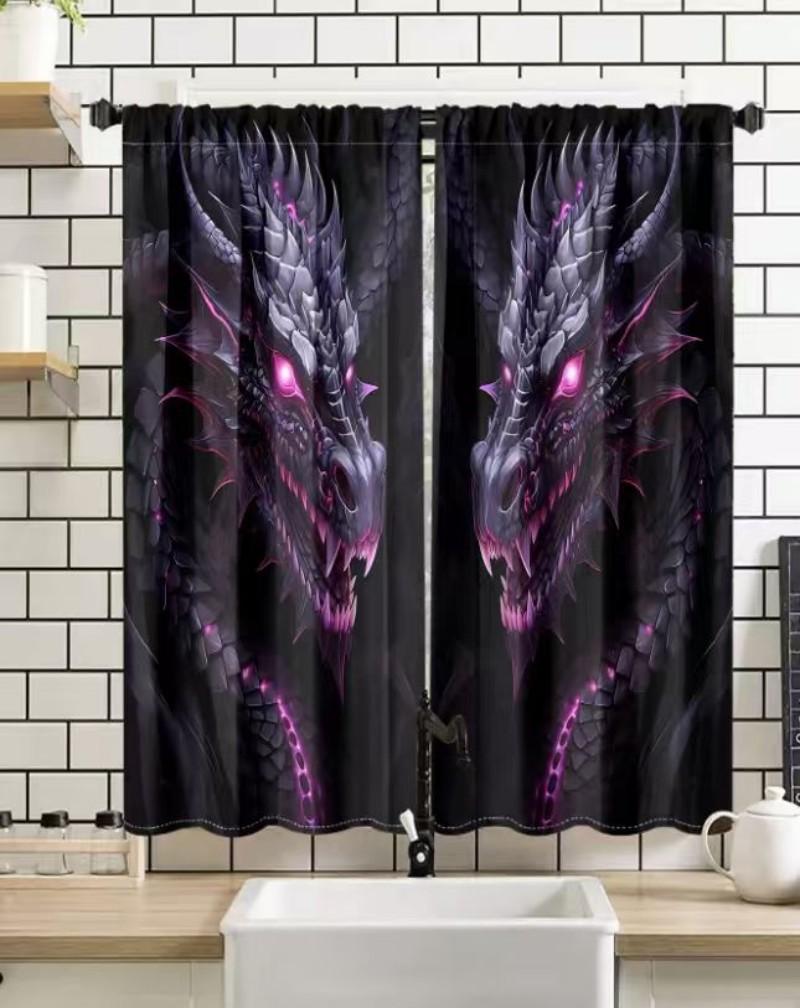 Set Of 2 Purple Light Black Dragon Design Polyester Curtains Home Decorations Made