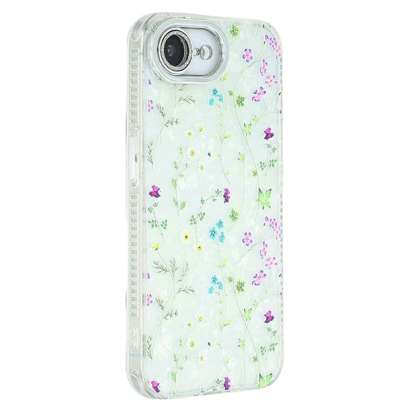 

For iPhone 16e Case Electroplated Floral Pattern IMD TPU+PC Phone Back Cover with Glass Lens Film SH5