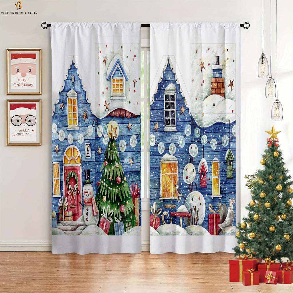Set Of 2 Cute Cartoon Santa Claus Snowman Snowflake Printed Curtains Bedroom Dining Room Christmas Party Decoration Curtain For Master Made Polyester