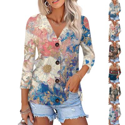 Damenmode Lässiges bedrucktes Button-Down-Hemd 3/4 lange Ärmel Oberteile