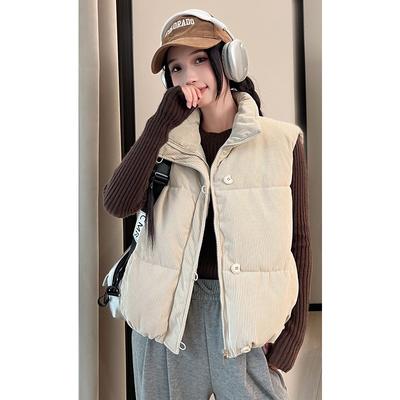 Gilet sans manches en velours côtelé et coton duveteux pour femme, automne-hiver, style coréen, coupe ample, couleur unie